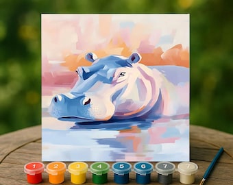 Pastell Nilpferd Malen nach Zahlen Kit für Erwachsene, Bunte Tiere DIY Kunst, Wasser Safari Malset, Spaß Entspannendes Geschenk für Naturliebhaber