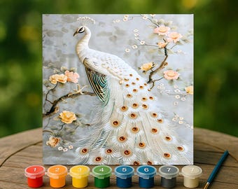 White Peacock Paint by Numbers Kit, Elegant Bird Canvas Wall Art, Floral Plum Blossom Scene, DIY Luxury Gift, Zen Home Decor Accent