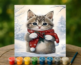 Christmas Kitten Paint by Numbers Kit, Cute Winter Cat Holding Holly, Cozy Red Scarf DIY Painting for Kids and Adults, Holiday Art Gift