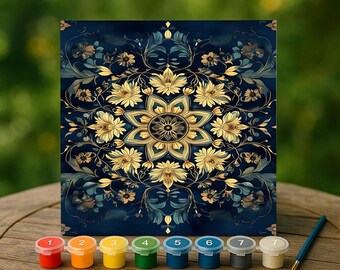 Mandala Flower Paint by Numbers Kit, Gold and Navy Canvas Art, Baroque Symmetry Wall Design, Elegant DIY Gift, Zen Home Decor Accent