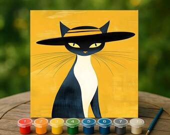Elegant Black Cat Paint by Numbers Kit for Adults, Chic Feline DIY Painting Gift, Minimalist Yellow Art, Relaxing Creative Hobby Decor