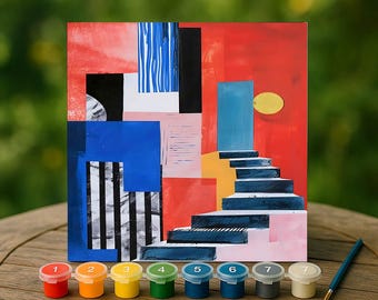 Modern Abstract Staircase Paint by Numbers Kit, Geometric Color Block Canvas Art, Bold Contemporary DIY Gift for Artists and Design Lovers