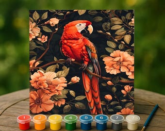Vibrant Red Parrot Paint by Numbers Kit, Tropical Bird Canvas with Coral Flowers, Lush DIY Jungle Wall Art for Animal and Nature Lovers