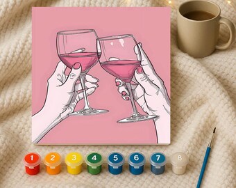 Romantic Wine Glasses Paint by Numbers Kit, Minimalist Pink Canvas Art, Cheers Illustration, DIY Date Night Gift, Modern Wall Decor