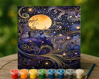 Celestial Paint by Numbers Kit with Moon and Stars, Swirling Night Sky Canvas, Mystical Galaxy Wall Art for Dreamy Gift or DIY Relaxation