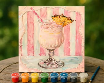 Strawberry Milkshake Paint by Numbers Kit, Retro Diner Drink Canvas Art, Pink Pastel Wall Decor DIY Gift, Whimsical Foodie Painting