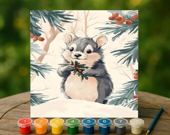 Adorable Winter Hamster Paint by Numbers Kit, Cute Animal Holding Holly, Easy Christmas DIY Painting Gift for Kids and Holiday Decor Lovers