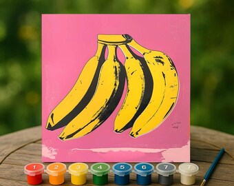 Pop Art Banana Paint by Numbers Kit, Vibrant Yellow Fruit Canvas Wall Art, Retro Pink Kitchen Decor DIY Gift, Funky Modern Food Painting
