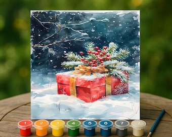 Snowy Red Gift Box Paint By Numbers Kit, Winter Holiday DIY Art Set, Christmas Present Scene Wall Decor, Beginner Friendly Canvas Painting