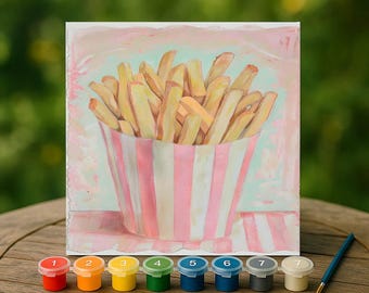 French Fries Paint by Numbers Kit, Pastel Pop Art Wall Decor, Pink Stripe Canvas DIY Gift, Whimsical Food Painting for Fun Kitchens