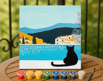 Mediterranean View Paint by Numbers Kit with Black Cat – Serene DIY Painting Gift for Adults, Relaxing Art Kit, Scenic Landscape Painting