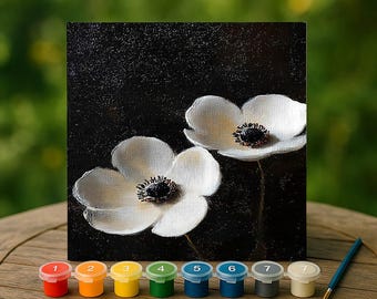 Elegant White Poppy Paint by Numbers Kit, Modern Black and White Floral Wall Art, DIY Canvas Painting Gift for Minimalist Home Decor Lovers