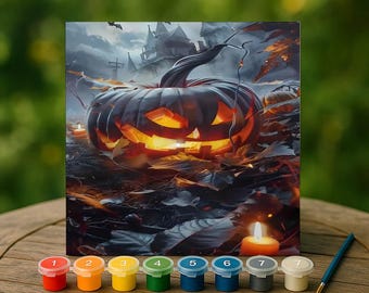 Haunted Pumpkin Paint by Numbers Kit, Glowing Jack O’Lantern Canvas, Spooky Forest Art, Halloween Wall Decor, Creepy DIY Gift for Adults