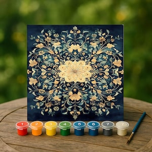 Navy and Gold Mandala Paint by Numbers Kit, Luxury Floral Wall Art for Home Decor, Botanical Canvas Painting, Elegant DIY Gift Idea