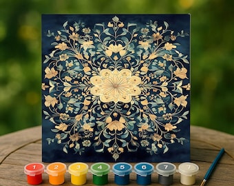 Navy and Gold Mandala Paint by Numbers Kit, Luxury Floral Wall Art for Home Decor, Botanical Canvas Painting, Elegant DIY Gift Idea
