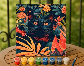 Black Cat Paint by Numbers Kit, Vibrant Jungle Foliage Canvas, Mystical DIY Cat Art Gift, Bold Colorful Painting for Home or Studio Wall