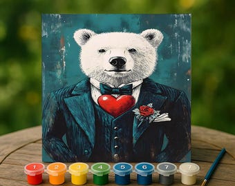Romantic Bear Paint by Numbers Kit, DIY Polar Animal Art for Adults, Cute Heart Tuxedo Design, Unique Gift for Him or Her, Fun Craft Decor