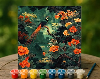 Tropical Jungle Paint by Numbers Kit, Exotic Bird and Orange Floral Canvas, Vibrant Rainforest Art, DIY Gift for Nature Lovers, Wall Accent