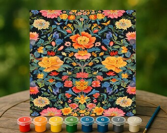 Folk Art Floral Paint by Numbers Kit, Bright Symmetrical Bloom Canvas, Colorful DIY Home Wall Art Gift, Eastern European Garden Style