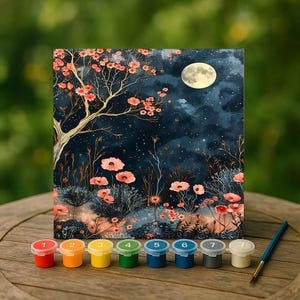 Mondschein Blumenlandschaft Malen nach Zahlen Kit, Sternennacht Garten Leinwand Kunst, Korallen Blumen DIY Set, verträumte Natur Geschenk, elegantes Wanddekor
