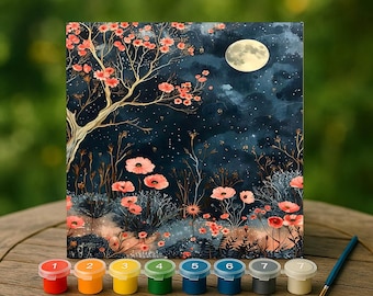 Moonlit Floral Landscape Paint by Numbers Kit, Starry Night Garden Canvas Art, Coral Flower DIY Set, Dreamy Nature Gift, Elegant Wall Decor