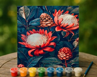 Tropical Protea Flower Paint by Numbers Kit, Red Botanical Canvas Art, Bold Jungle Floral Wall Decor, DIY Painting Gift for Nature Lovers