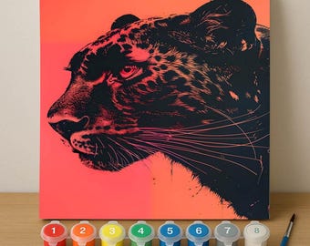 Bold Leopard Paint by Numbers Kit, Modern Neon Animal Portrait on Orange Canvas, DIY Art Gift for Wildlife Lovers, Teens and Art Collectors