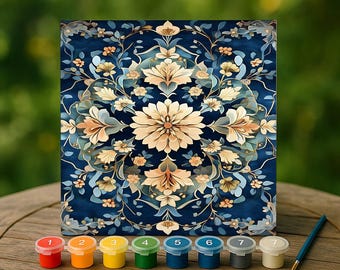 Mandala Floral Paint by Numbers Kit, Navy and Beige Baroque Canvas, Elegant Symmetrical Wall Art, Relaxing DIY Gift, Classic Home Decor