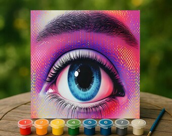Vibrant Pop Art Eye Paint by Numbers Kit, Bold Blue Eye on Neon Canvas, Futuristic DIY Painting Gift for Teens, Artists and Creative Souls