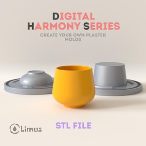 May include: A bright yellow cup positioned between two grey circular plaster moulds. Text reads: DIGITAL HARMONY SERIES, CREATE YOUR OWN PLASTER MOULDS, STL FILE, and Limus. The objects are arranged on a plain surface, showcasing 3D design components.