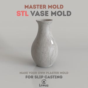 Può includere: Uno stampo per vaso grigio con superficie strutturata, progettato per la colata a colaggio. L'immagine include il testo "MASTER MOLD STL VASE MOLD" e "MAKE YOUR OWN PLASTER MOLD FOR SLIP CASTING". È visibile anche il logo Limus.