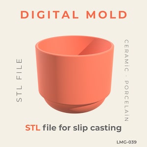 以下が含まれることがあります： コーラル色のデジタルモールドで、スリップキャスティング用に設計されています。画像には、上部に「DIGITAL MOLD」、左側に「STL FILE」、右側に「CERAMIC • PORCELAIN」というテキストが表示されています。下部のテキストは「STL file for slip casting」と書かれています。