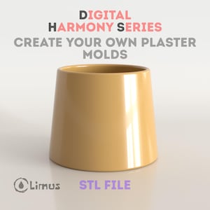 Puede incluir: Un objeto cilíndrico cónico de color tostado claro y superficie lisa. El texto superior dice: DIGITAL HARMONY SERIES CREATE YOUR OWN PLASTER MOLDS. El texto inferior incluye el logotipo de Limus y las palabras STL FILE. Acabado brillante.