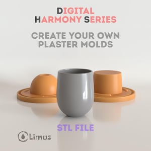 May include: A gray cup-shaped object centered in front of two orange circular molds. The text reads DIGITAL HARMONY SERIES, CREATE YOUR OWN PLASTER MOLDS, STL FILE, and Limus. The items are arranged on a smooth surface with a light background.