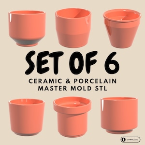Puede incluir: Un conjunto de seis macetas de cerámica y porcelana de color coral. Las macetas tienen varias formas, incluyendo diseños cilíndricos y cónicos. El texto "SET OF 6" se muestra en letras negras grandes, con texto adicional debajo.