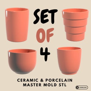 May include: A set of four coral-colored ceramic or porcelain cups and planters. The image includes a tall, cylindrical cup, a tiered planter, a rounded bowl-shaped cup, and a tapered cup. The text "SET OF 4" is displayed, along with "CERAMIC & PORCELAIN MASTER MOLD STL".