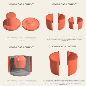 Peut inclure: Conception de produit orange en 3D avec divers composants, notamment des formes cylindriques et courbes. L'image comprend le texte "DOWNLOAD CONTENT" et des descriptions des caract&eacute;ristiques et des fonctionnalit&eacute;s de la conception.