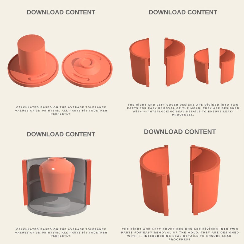 Peut inclure: Conception de produit orange en 3D avec divers composants, notamment des formes cylindriques et courbes. L'image comprend le texte "DOWNLOAD CONTENT" et des descriptions des caract&eacute;ristiques et des fonctionnalit&eacute;s de la conception.