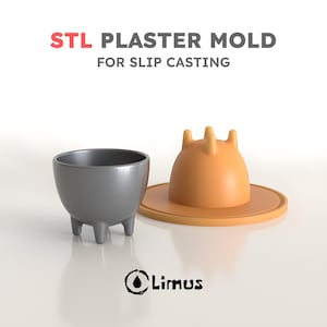 Puede incluir: Un cuenco gris de tres patas y un molde naranja en forma de cúpula con cuatro protuberancias sobre una base circular. El texto dice STL PLASTER MOLD FOR SLIP CASTING y Limus con un logotipo circular que muestra un icono de gota.