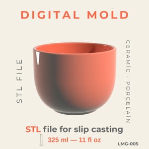 May include: A coral-colored ceramic bowl with a rounded shape. The image includes the text "DIGITAL MOLD" and "STL file for slip casting." The bowl's capacity is 11 fl oz, equivalent to 325 ml. The design is for ceramic or porcelain.