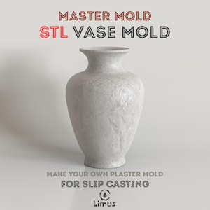 May include: A white vase mold with a textured surface, designed for slip casting. The image includes text that reads "MASTER MOLD STL VASE MOLD" and "MAKE YOUR OWN PLASTER MOLD FOR SLIP CASTING". The Limus logo is also visible.