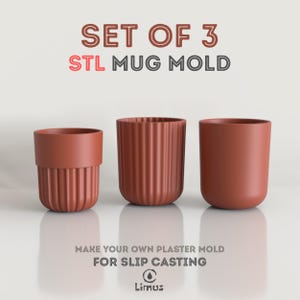 May include: Three terracotta-colored mug molds. The molds have different designs, including ribbed and smooth surfaces. Text on the image reads "SET OF 3 STL MUG MOLD" and "MAKE YOUR OWN PLASTER MOLD FOR SLIP CASTING".