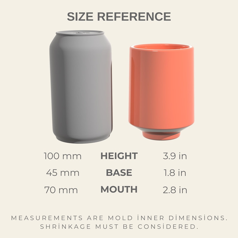 Peut inclure: Comparaison de taille entre une canette grise et un r&eacute;cipient cylindrique corail. La canette mesure 100 mm de haut, le r&eacute;cipient aussi, avec une base de 45 mm et une ouverture de 70 mm. Le texte "SIZE REFERENCE" est en haut.