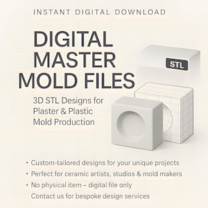 Może przedstawiać: Grafika Digital Master Mold Files z tekstem i modelami 3D. Tekst brzmi "Natychmiastowe pobieranie cyfrowe" i "Projekty 3D STL do produkcji form gipsowych i plastikowych". Obraz zawiera białą kostkę z okrągłym wycięciem i kostkę z siatki drucianej.