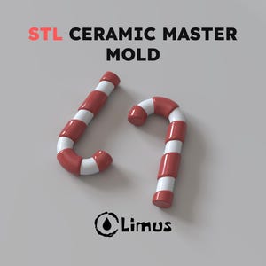 Puede incluir: Dos objetos con forma de bastón de caramelo con rayas rojas y blancas alternas. El texto STL CERAMIC MASTER MOLD está impreso en la parte superior, y la palabra Limus con un icono de gota circular está impresa en la parte inferior del fondo gris.