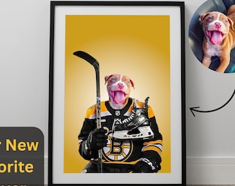 Custom Boston Bruins Pet Portrait Boston Bruins Portrait Cat Portrait Custom Dog Portrait NHL Hockey fan gift Bruins Hockey Fan