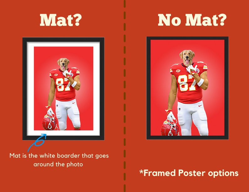 May include: Framed poster options featuring a dog's face on a football player's body in a red and white uniform, number 87. The image is available with or without a white mat border. Text reads "Mat?" and "No Mat?" on a red background.