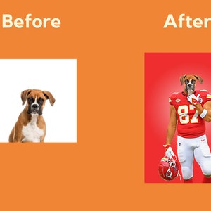 May include: A digital artwork depicts a boxer dog's head on a football player's body. The player is in a red and white uniform, number 87. The image is set against a red backdrop, with the words "Before" and "After" displayed.