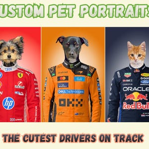 Custom Pet Portrait in F1 Driver's Uniform Personalized Formula 1 Dog Art Unique Gift for Racing Fans & Pet Lovers Cat Portrait Dog Portrait