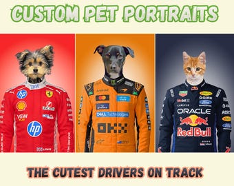Custom Pet Portrait in F1 Driver's Uniform Personalized Formula 1 Dog Art Unique Gift for Racing Fans & Pet Lovers Cat Portrait Dog Portrait